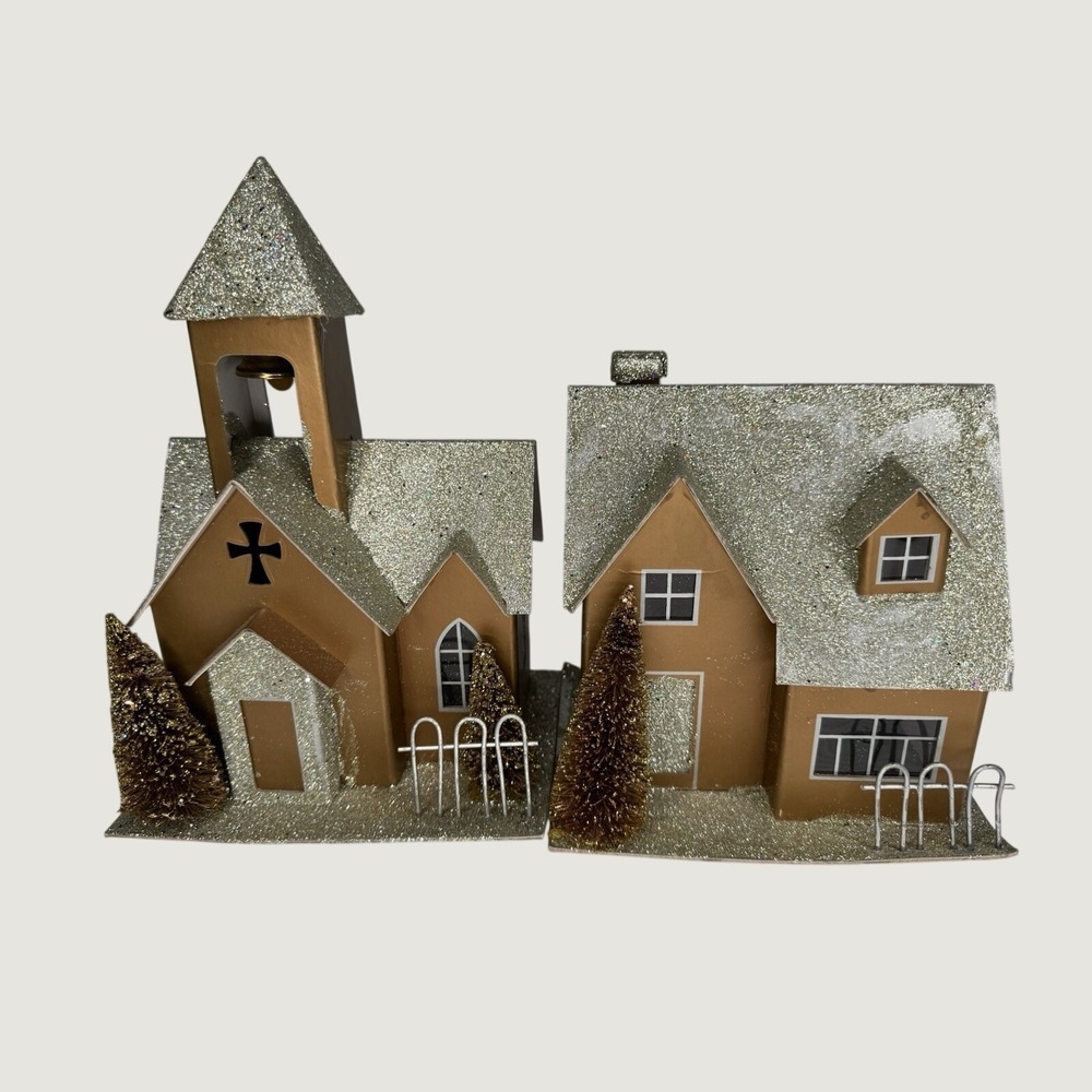 Christmas Village Church House Set Gold Silver Glitter Bottle Brush Trees Bell